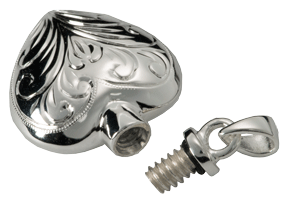 Threaded enclosure show open of Etched Heart Cremation Jewelry pendant