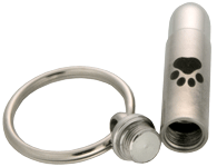 Stainless Steel Bullet with Pawprint cremation keychain shown open