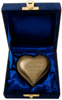 Brass Heart Keepsake Urn shown engraved and in velvet case