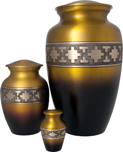 sunset cremation urns shown in mini keepsake size, sharing urn & full-size urn