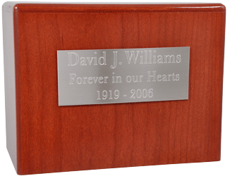engraved large silver finish plaque shown on wood urn