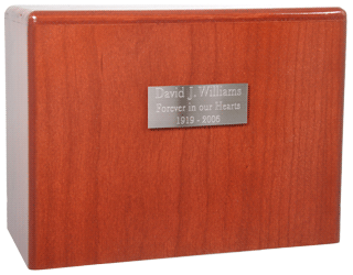 engraved small silver finish plaque shown on wood urn