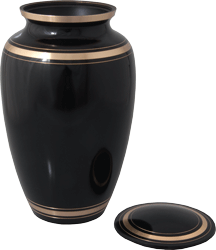 secure threaded lid shown open of black gold cremation urn