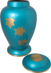 Falling Leaves Brass Blue Cremation Urn shown open