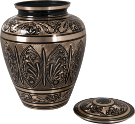 ornate etched black and brass cremation urn shown open with threaded lid