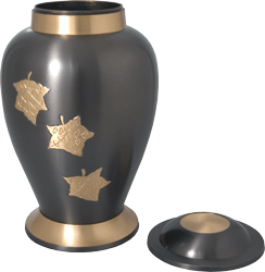 Midnight falling leaves brass full size urn shown with threaded lid open