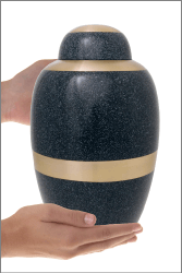 Gold Banded Midnight Blue Cremation Urn shown in hands for size scale