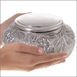 Climbing Roses Sharing Urn- Silver shown in hands for size reference