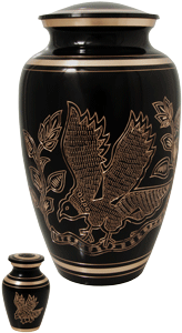 small keepsake urn shown with matching full-size urn for size comparison