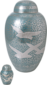 <fly away small keepsake shown with matching adult size urn for size scale>