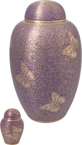butterflies- purple small keepsake shown with matching adult size urn for size scale>