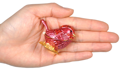 dark rose pink bird shown in hand
