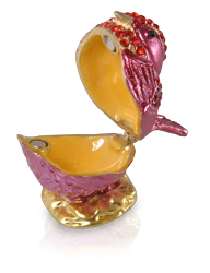 dark rose pink bird shown with open compartment