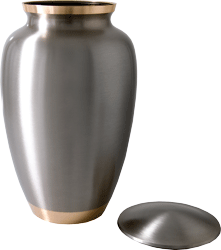 Pewter with Two Gold Bands Brass cremation urn shown open