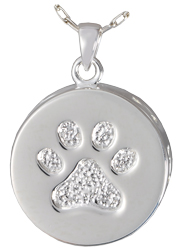 front view of paw print and bones cremation jewelry pendant