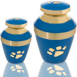 small and large blue pet cremation urn with brass paw print