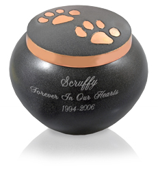 copper pawprints pet urn shown engraved
