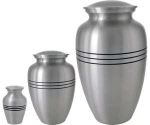 traditional pewter cremation urn shown in 3 different sizes- mini, sharing & full-size