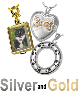 silver and gold pet cremation jewelry