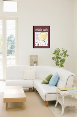 cremation jewelry poster shown in room environment for size scale